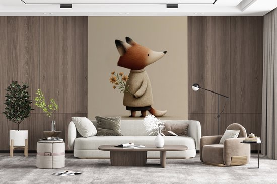 Behang - Fotobehang Vos - Gele bloemen - Minimalistisch - Breedte 195 cm x hoogte 260 cm
