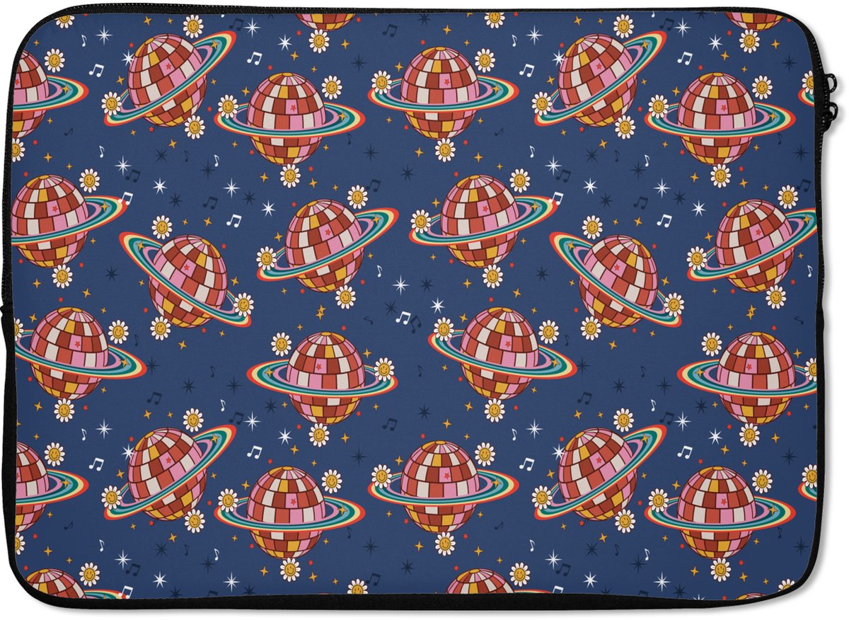 Laptophoes 13 inch - Disco - Blauw - Patroon - Laptop sleeve - Binnenmaat 32x22,5 cm - Zwarte achterkant