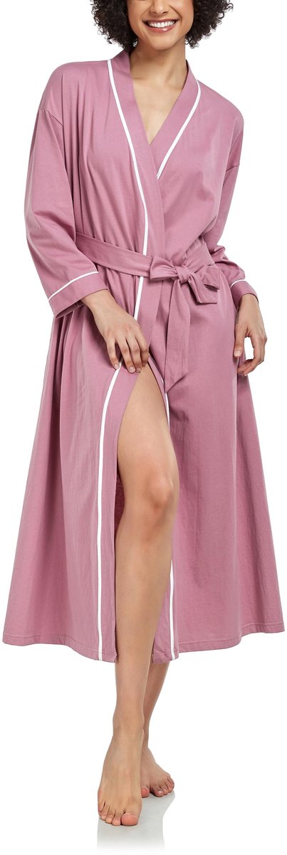 Lange Dames Badjas - 100% Katoen - Zacht en Lichtgewicht - Met Lange Mouwen en Zakken - Voor Sauna - Dusty Rose, Maat M
