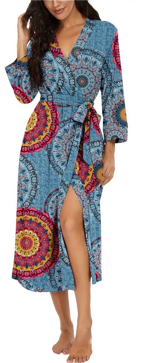 Dames Badjas - Lichtgewicht Lange Kimono - Zacht Gebreid - Met V-hals - Voor thuis en sauna - Blauw - XXL