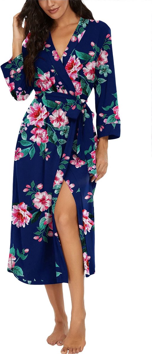 Dames Kimono Badjas - Gebreid - V-hals - 3/4 Mouwen - Lang - Meerkleurig Marineblauw - XL