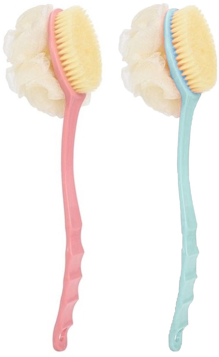 2 Stuks Rugborstel - Met lange steel - 2-in-1 met Luffa Spons - Voor Douche, Rugverzorging en Incrèmehulp - Roze en Blauw