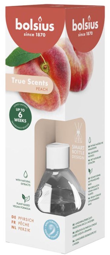 Bolsius True Scents perzik geurstokjes, met een smart flesje en 6 weken geur. Plant-based.