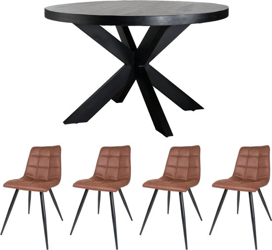 Home67 Set - Table à manger Bob Bois de manguier Zwart ø130 cm + 4 x Chaise de salle à manger Galgary - Cognac