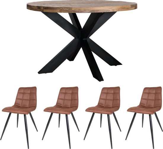 Home67 Set - Table à manger Bob ø130 cm + 4 x Chaise de salle à manger Galgary - Cognac