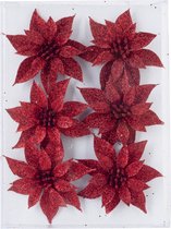 6x stuks decoratie bloemen rozen rood glitter op ijzerdraad 8 cm - Decoratiebloemen/kerstboomversiering/kerstversiering