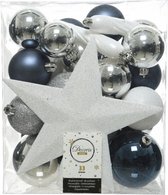Decoris Kerstballen - 33 st - blauw-wit-zilver - 5-6-8 cm
