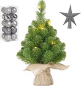 Kunst kerstboom met 10 LED lampjes 45 cm inclusief zilveren versiering 21-delig - Mini kerstboompjes