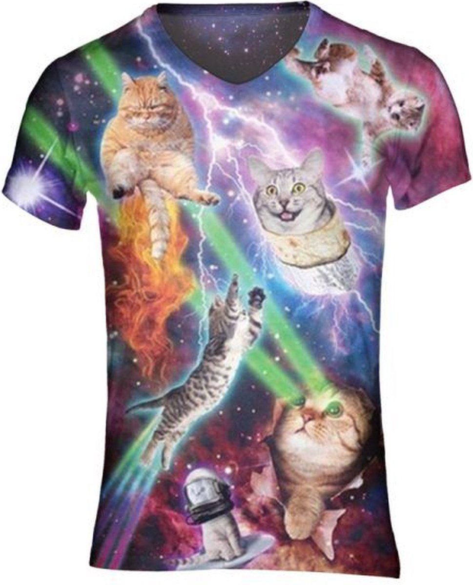 Gigantisch fout kattenshirt Maat S V - hals - Festival shirt - Superfout - Fout T-shirt - Feestkleding - Festival outfit - Foute kleding - Kattenshirt - Regenboogshirt - Kleding fout feest