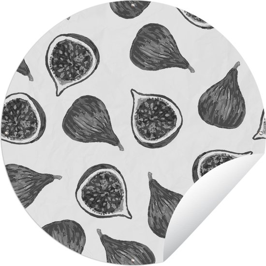 Tuincirkel Aquarel illustratie van een patroon met vijgen - zwart wit - 90x90 cm - Ronde Tuinposter - Buiten