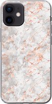 Geschikt voor iPhone 12 hoesje - Rose goud - Marmer print - Wit - Patroon - Siliconen Telefoonhoesje