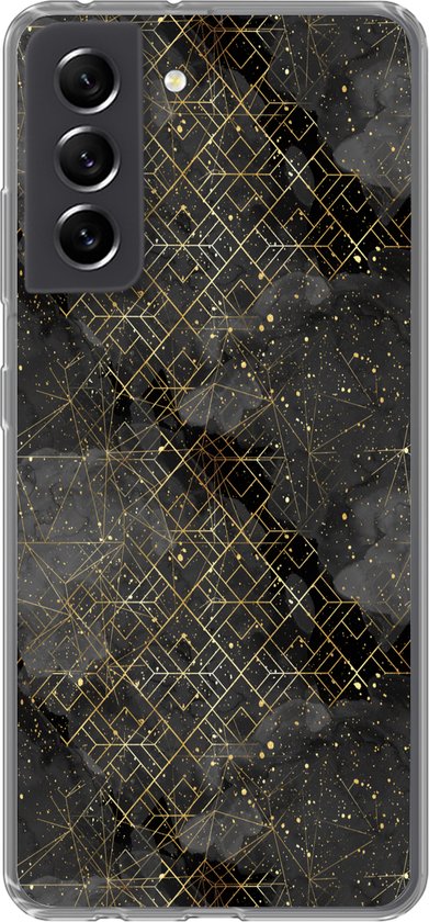 Geschikt voor Samsung Galaxy S21 FE hoesje - Marmer print - Zwart - Goud - Geometrie - Siliconen Telefoonhoesje