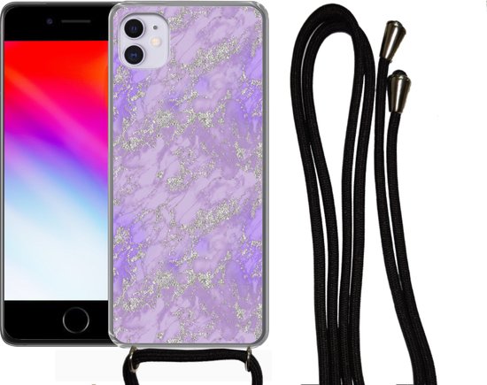 Coque avec cordon Adapté pour iPhone 12 Mini - Imprimé marbré - Violet - Luxe - Motif - Siliconen - Bandoulière - Coque arrière avec cordon - Coque téléphone avec cordon - Coque avec corde