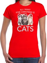Kitten Kerstshirt / Kerst t-shirt All i want for Christmas is cats rood voor dames - Kerstkleding / Christmas outfit XL