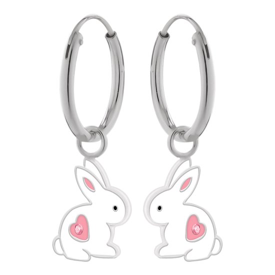 Boucles d'oreilles fille | Boucles d'oreilles enfants en argent | Boucles d'oreilles en argent avec pendentif, lapin avec coeur rose et cristal