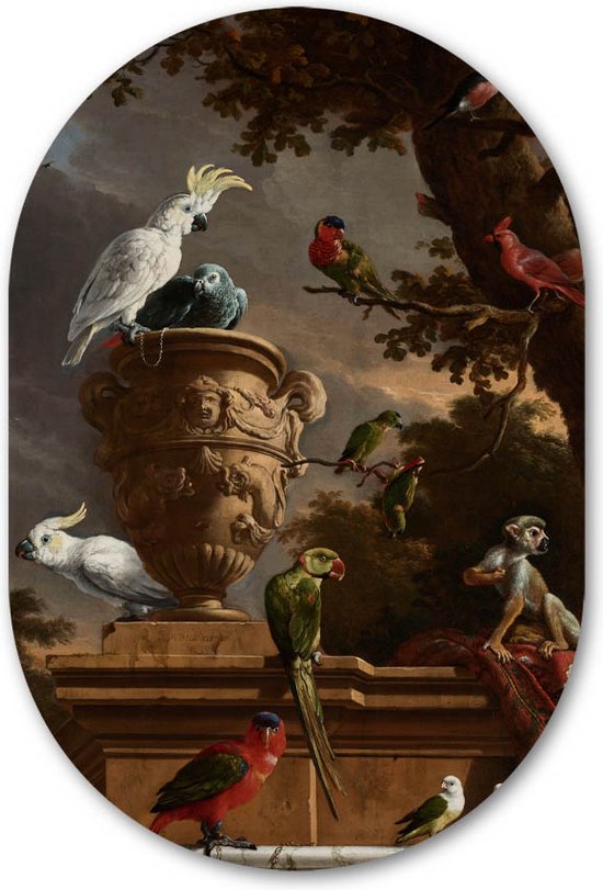 Muurovaal De Menagerie - WallCatcher | Kunststof 60x90 cm | Ovalen schilderij | Wandovaal Meesterwerk van Melchior d’ Hondecoeter op Forex