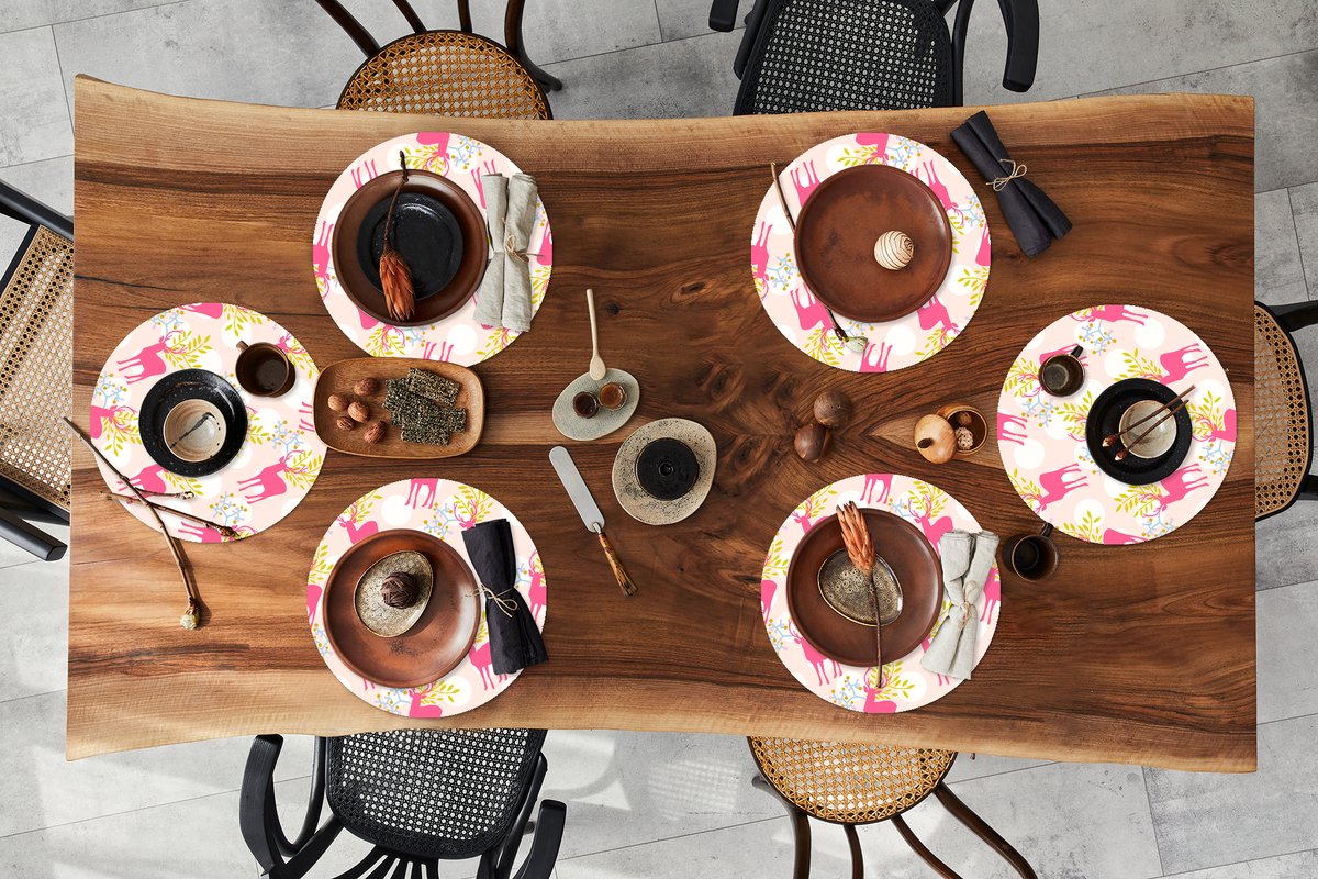 Ronde placemats - Onderlegger - Placemats rond - Hert - Roze - Patronen - 6 stuks