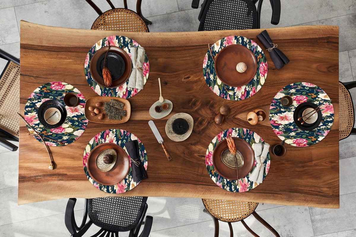 Ronde placemats - Onderlegger - Placemats rond - Patronen - Roos - Bladeren - 6 stuks
