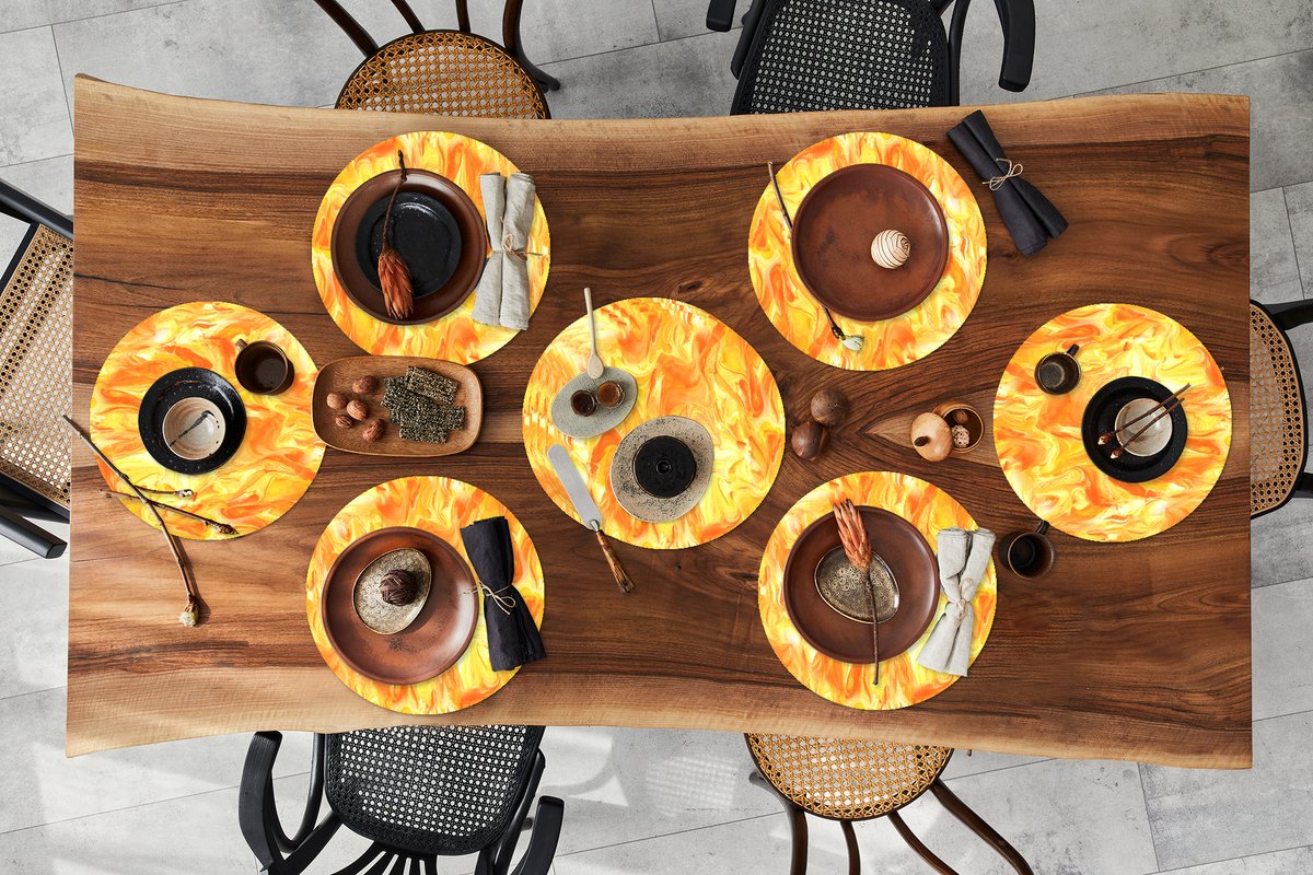 Ronde placemats - Onderlegger - Placemats rond - Marmer print - Oranje - Geel - Design - 10 stuks