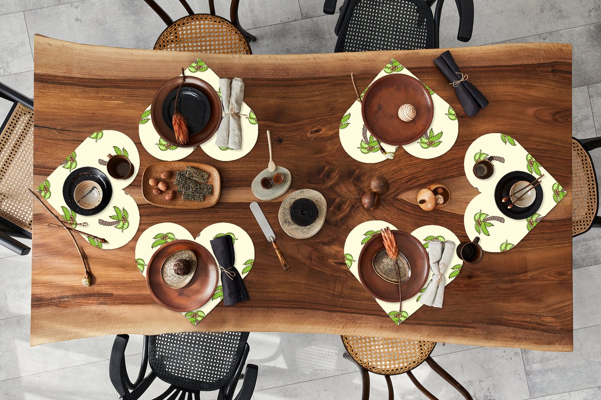 Onderleggers - Placemats - Placemats hartje - Palmboom - Patronen - Kokosnoot - Tropisch - 6 stuks