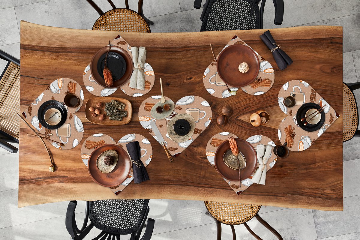 Onderleggers - Placemats - Placemats hartje - Patronen - Koffie - Cappuccino - Chocolade - 8 stuks