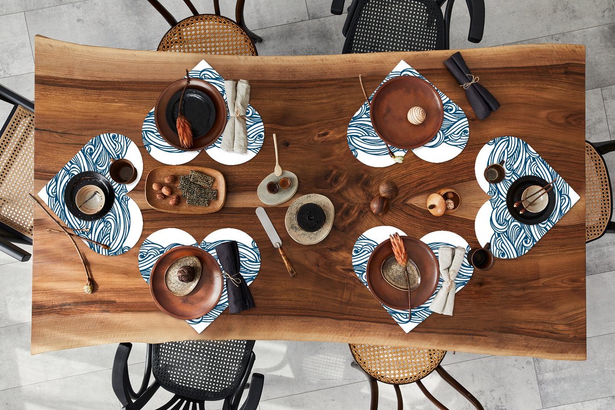 Onderleggers - Placemats - Placemats hartje - Patroon - Golven - Zee - 6 stuks