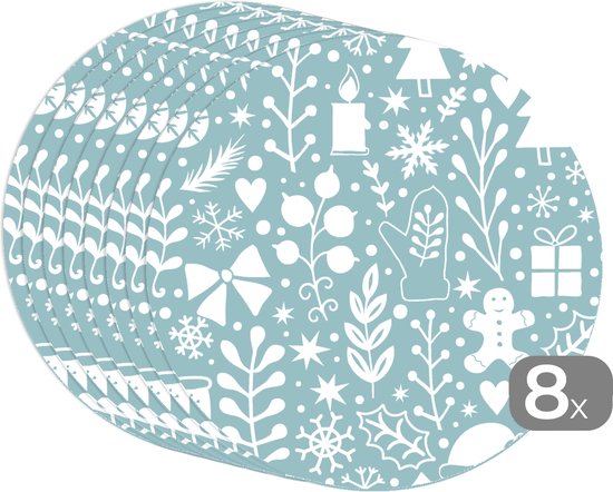 Ronde placemats - Onderlegger - Placemats rond - Winter - Sneeuw - Patronen - Wit - 8 stuks - Kerst - Cadeau - Kerstcadeau voor mannen, vrouwen en kinderen