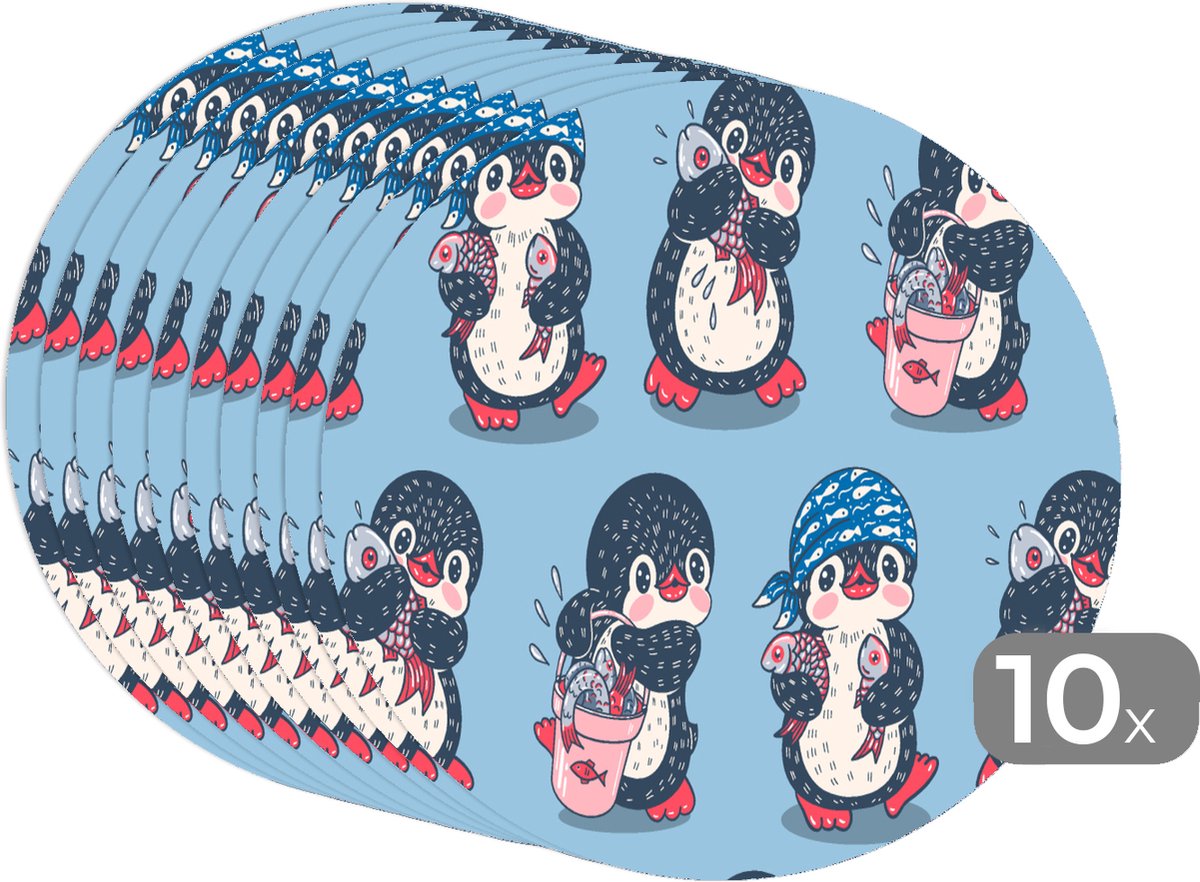 Ronde placemats - Onderlegger - Placemats rond - Pinguïn - Design - Vis - 10 stuks