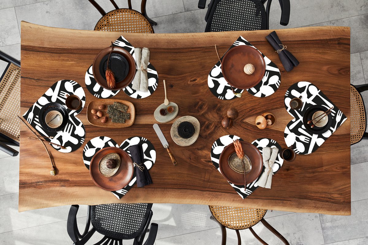 Onderleggers - Placemats - Placemats hartje - Bestek - Patronen - Zwart Wit - 6 stuks
