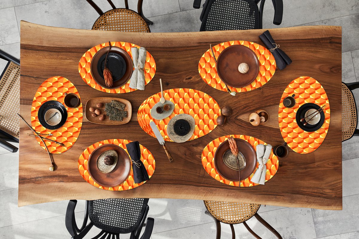 Placemats ovaal - Onderleggers - Ovale placemats - Oranje - Patronen - 3D - 10 stuks