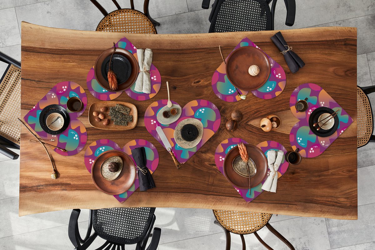Onderleggers - Placemats - Placemats hartje - Mushroom - Patronen - Regenboog - 8 stuks