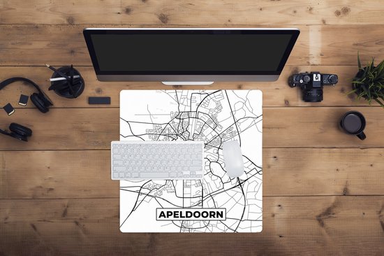Muismat XXL 50x50 cm - Bureau onderlegger - Bureau mat Kaart - Apeldoorn - Zwart - Wit - Bureaumat - Gaming mousepad xl - Bureaulegger groot - Computer deskmat