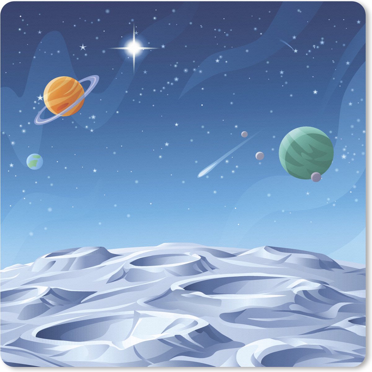 Muismat XXL 80x80 cm - Bureau onderlegger - Bureau mat Een illustratie van een maan tussen de planeten - Bureaumat - Gaming mousepad xl - Bureaulegger groot - Computer deskmat