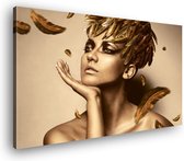 Canvas Schilderij Vrouw Met Gouden Veren | 60 x 40 cm | Wanddecoratie