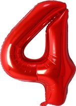 Folie Ballon Cijfer 4 Jaar Rood Verjaardag Versiering Helium Cijfer ballonnen Feest versiering Met Rietje - 86Cm