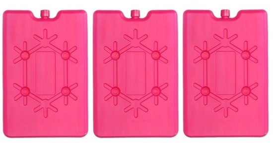 Drie felroze koelelementen met een gestileerd sneeuwvlok-patroon, 16 cm.