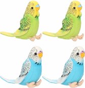 4x stuks pluche knuffel parkieten setje vogels blauw en groen 11 cm - Tropische deco vogels - Knuffels - 2x stuks