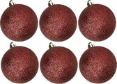 6x boules de Noël en plastique à paillettes rouge foncé 6 cm - Boules de Noël en plastique incassables