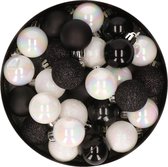28x stuks kunststof kerstballen parelmoer wit en zwart mix 3 cm - Kerstboomversiering