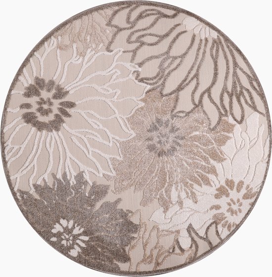 Muratap Floral Buitenkleed Rond - Creme- 200 CM ROND - Tuintapijt - Buitentapijt - Vloerkleed Buiten en Binnen