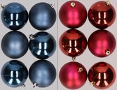 12x stuks kunststof kerstballen mix van donkerblauw en donkerrood 8 cm - Kerstversiering