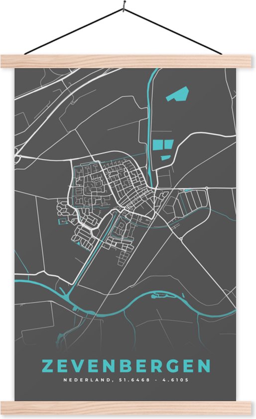Posterhanger incl. Poster 120x180 cm - Schoolplaat - Kaart - Zevenbergen - Plattegrond - Stadskaart - Textielposter - Blanke latten - Plattegrond