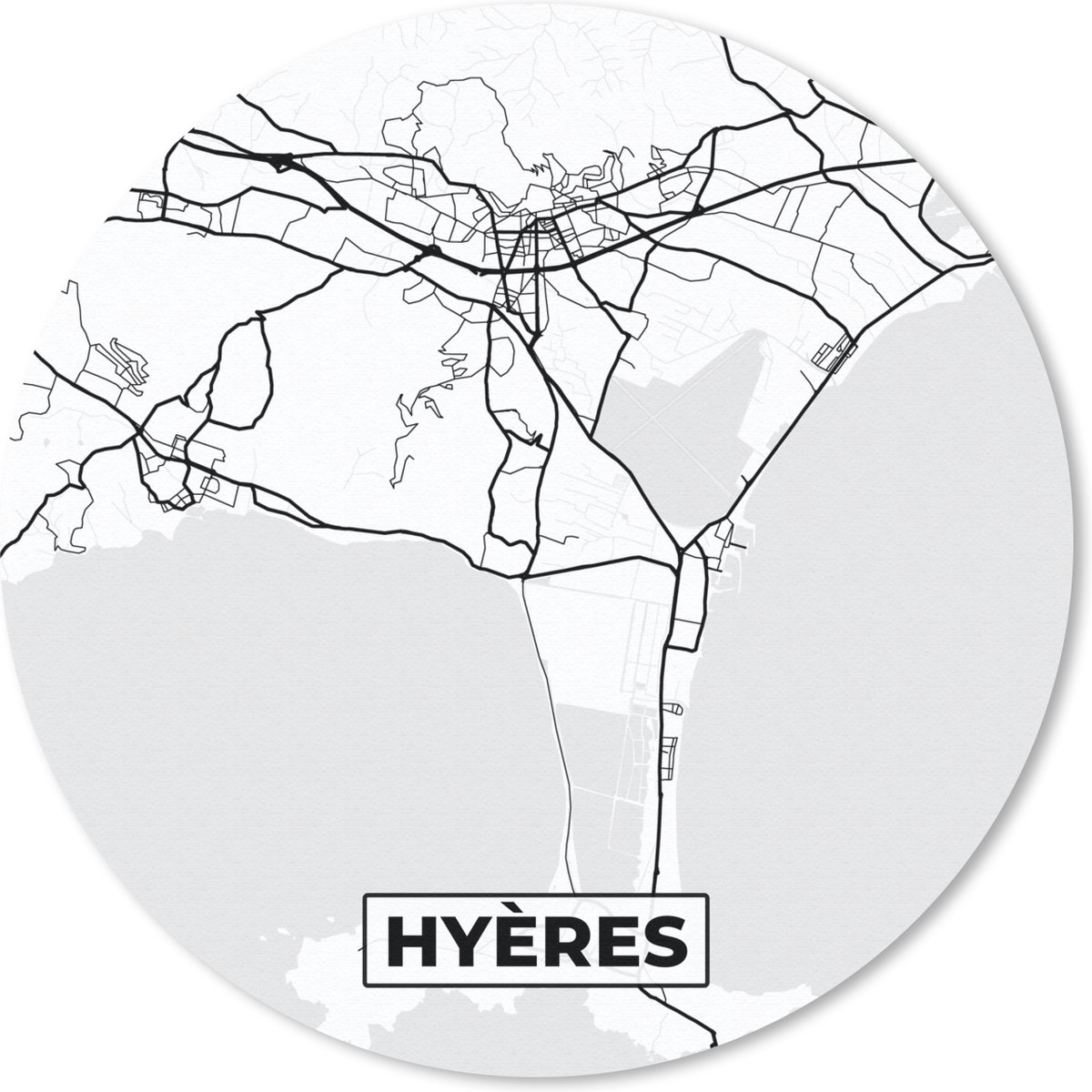 Muismat rond 20x20 cm - Mousepad Stadskaart - Plattegrond - Hyères - Kaart - Frankrijk - Zwart wit - Ronde muismatten - Stadskaart