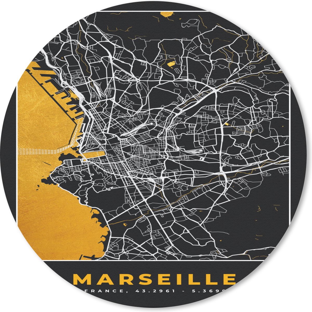 Muismat rond 50x50 cm - Mousepad Stadskaart – Frankrijk – Kaart – Plattegrond - Marseille - Ronde muismatten - Stadskaart