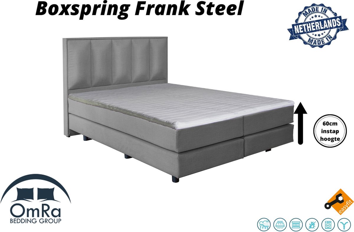 Omra Bedding - Complete boxspring - Frank Steel - 80x210 cm - Inclusief Topdekmatras - Hotel boxspring