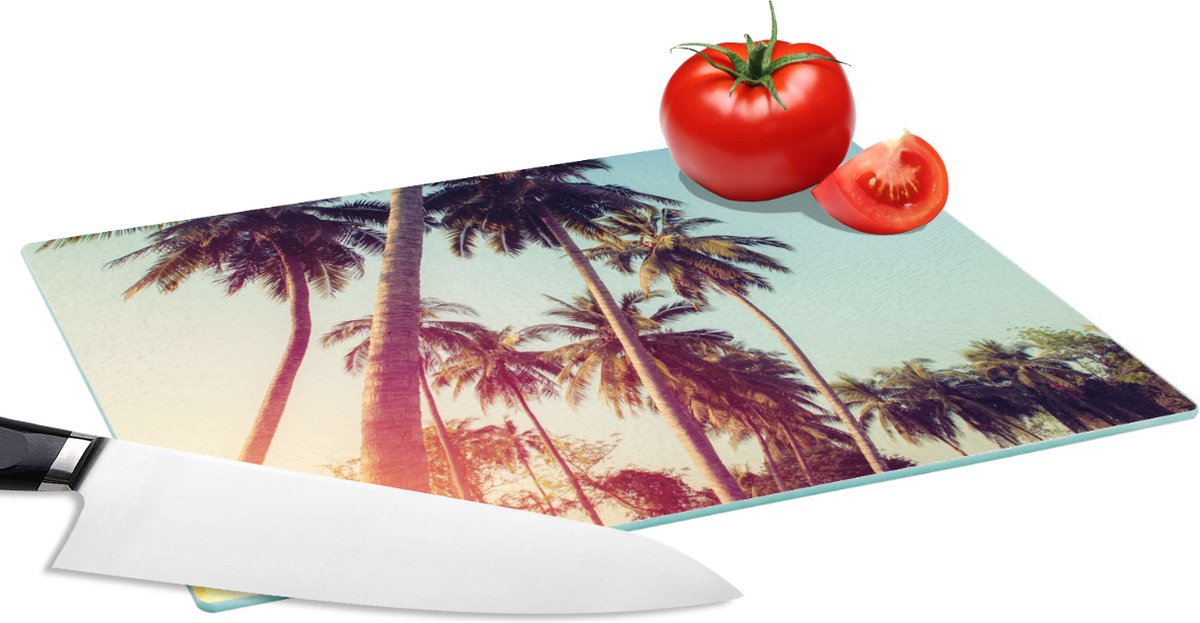 Glazen Snijplank - 28x20 - Palmboom - Zomer - Retro - Zon - Snijplanken Glas
