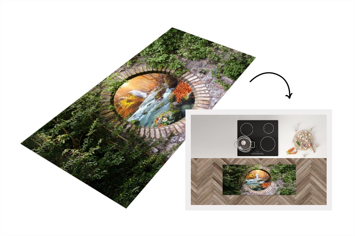 KitchenYeah Keukenloper - Loper keuken - Herfst - Waterval - Natuur - Doorkijk - 120x50 cm - Keukenloper vinyl Multicolor