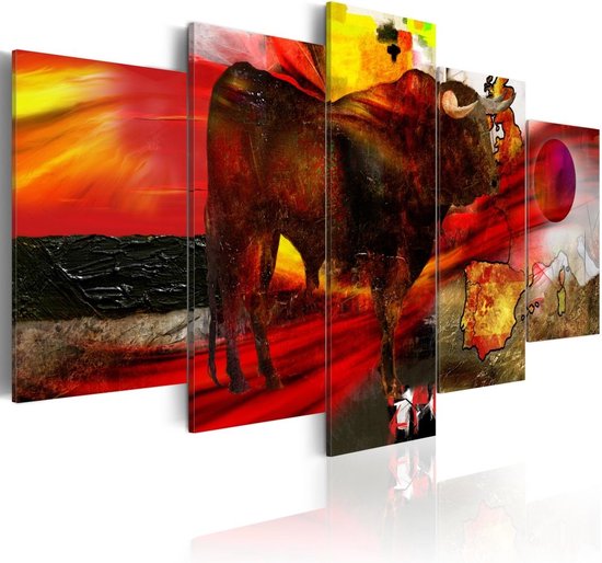 Peinture - Tempérament espagnol, taureau, 5 écoutilles, rouge, impression sur véritable toile italienne, en 2 tailles, décoration murale