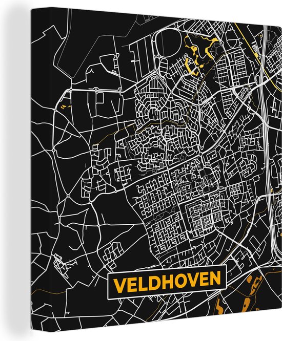 Canvas Schilderij Veldhoven - Stadskaart - Black and Gold - Kaart - Plattegrond - 90x90 cm - Wanddecoratie