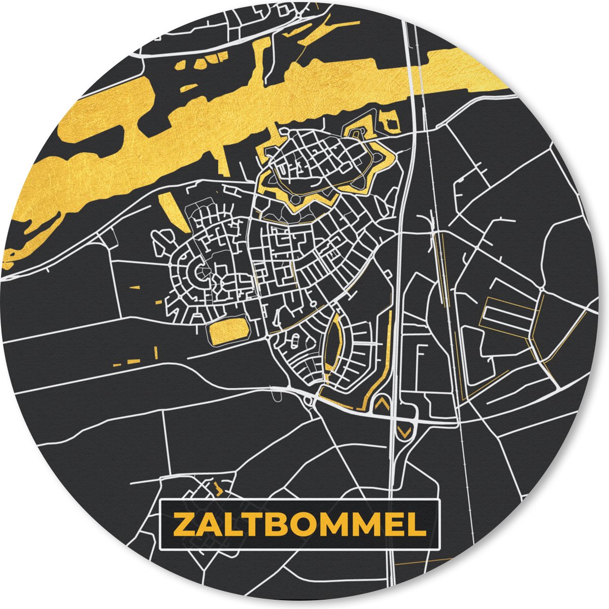 Muismat rond 50x50 cm - Mousepad Plattegrond - Black en gold - Zaltbommel - Kaart - Stadskaart - Ronde muismatten - Stadskaart